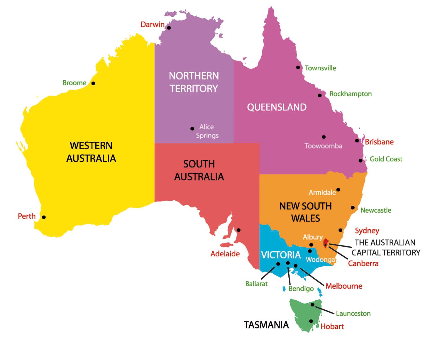 L Australie Carte Avec Les Etats Et Les Villes Carte De L Australie Avec Des Etats Et Des Villes L Australie Et La Nouvelle Zelande Oceanie