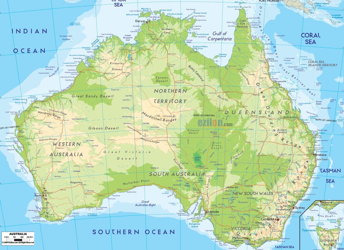 une carte physique de l'Australie