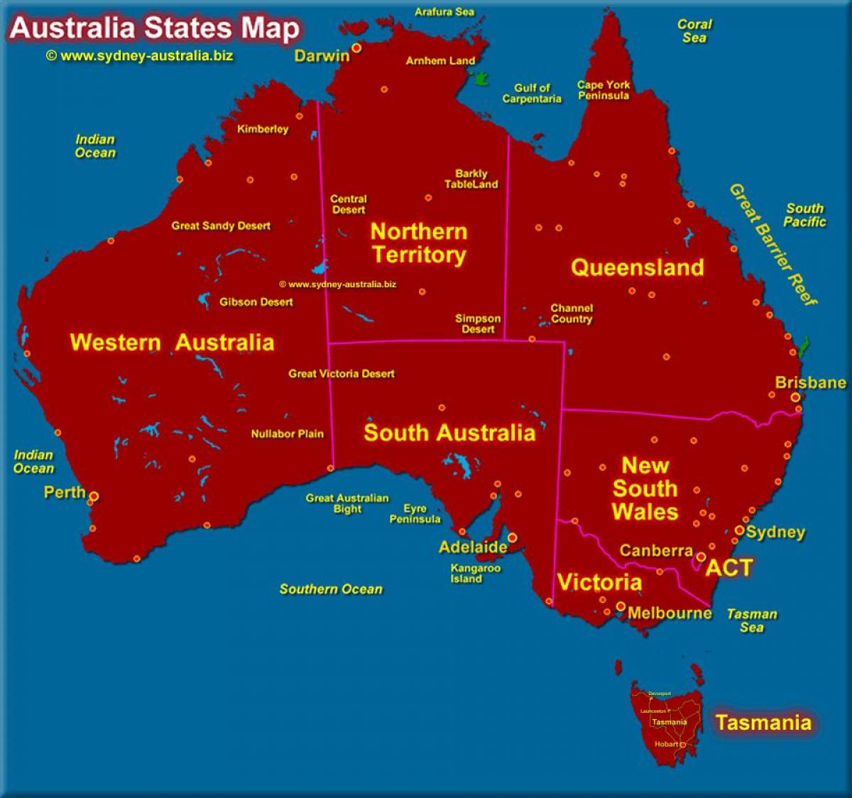 carte de l'Australie en montrant aux états