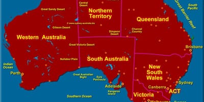 Carte de l'Australie en montrant aux états